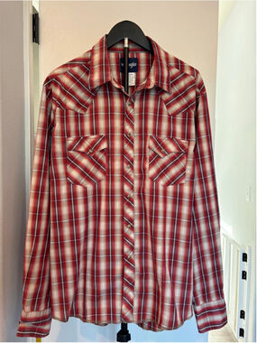 Wrangler Western Pearl Snap Shirt Mens L Red Plaid Long Sleeve